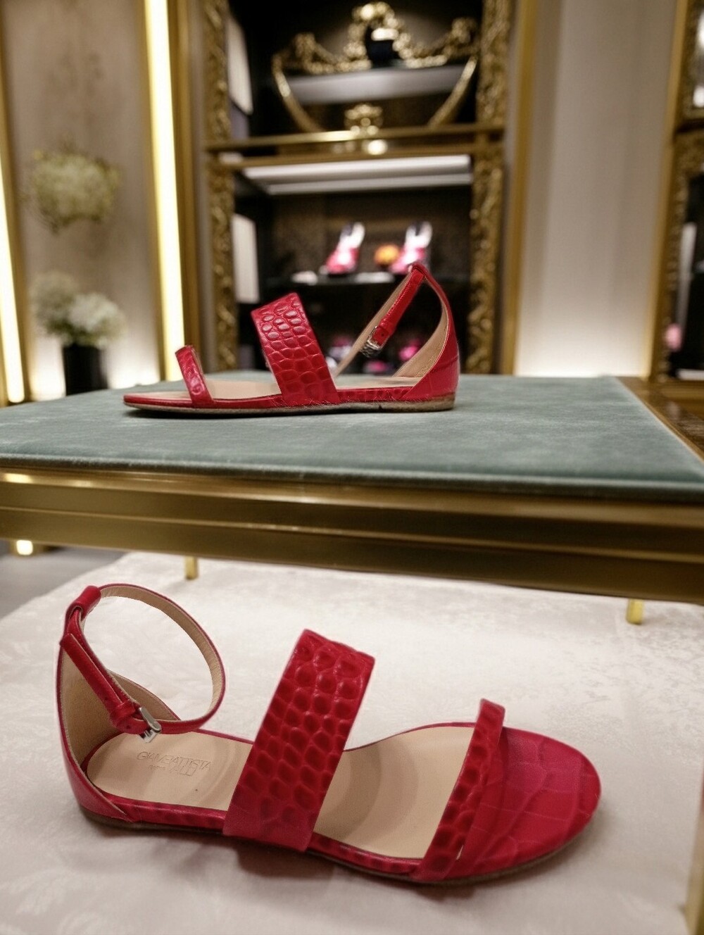 New Giambattista Valli Women's Red Croc-Embossed Double Strap Sandals 36.5